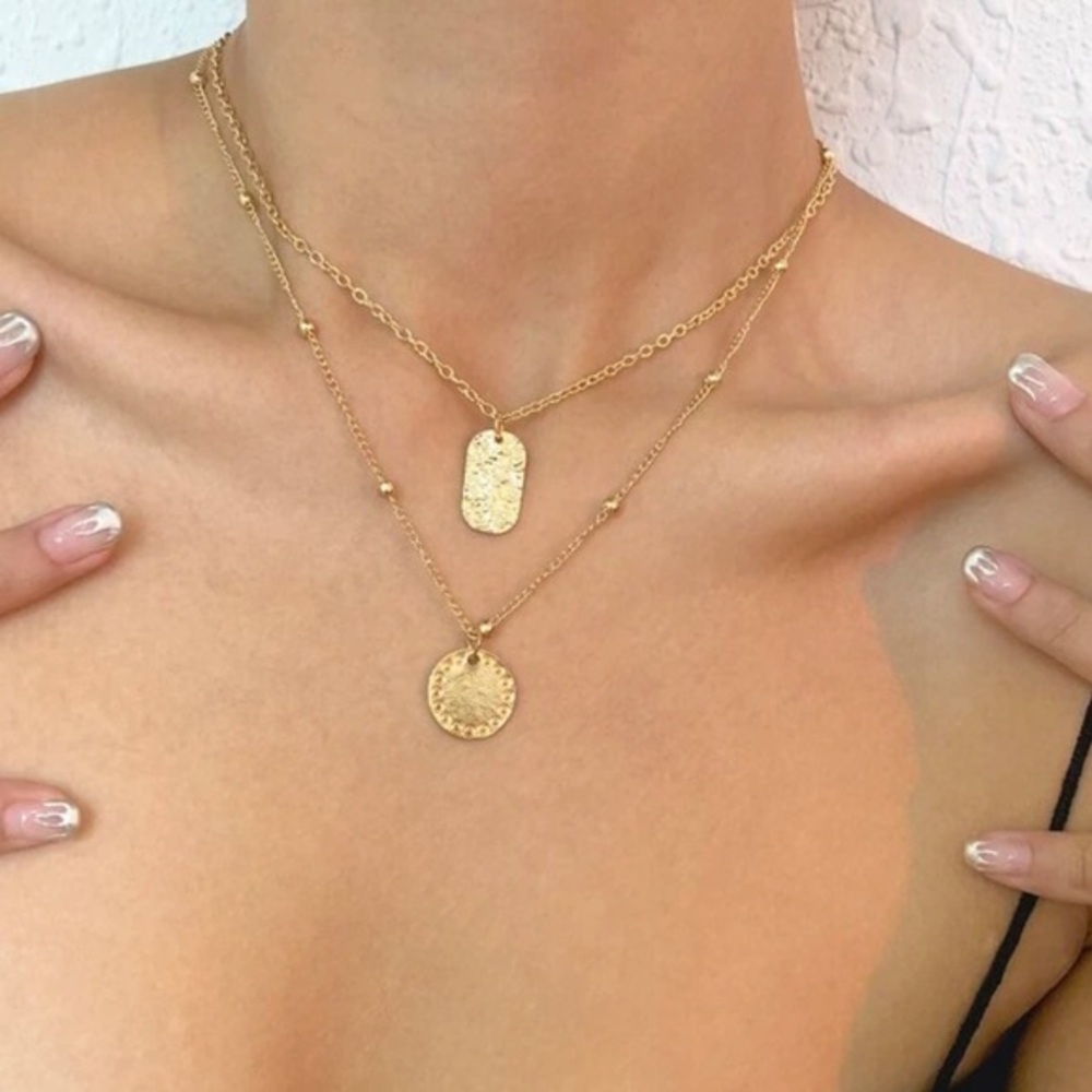 Anthropologie Miami Layered Trendy Gold Double Dog Tag Pendant Necklace